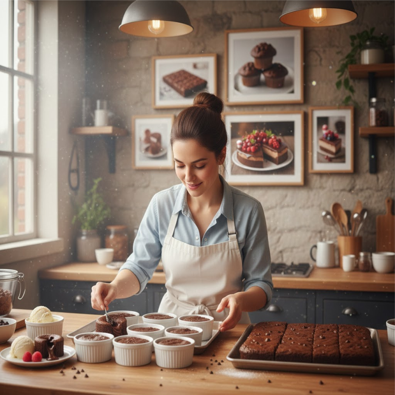 Maestra repostera de Dulzura Artesanal preparando postres de chocolate premium en Cali