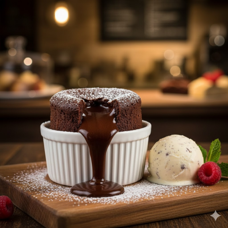 Postre volcán de chocolate artesanal en Cali - Centro líquido caliente